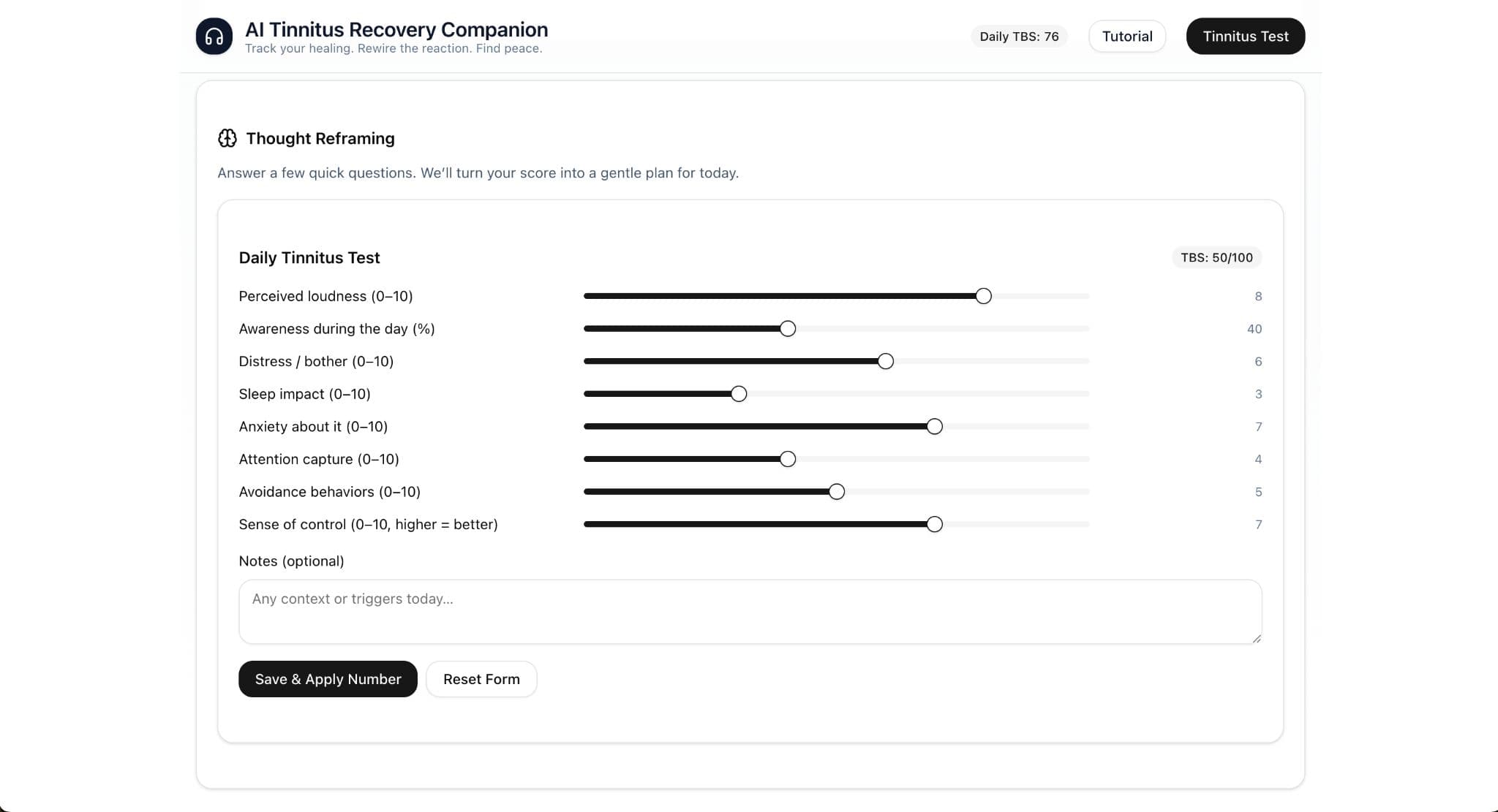 Tinnitus Profile Test screen